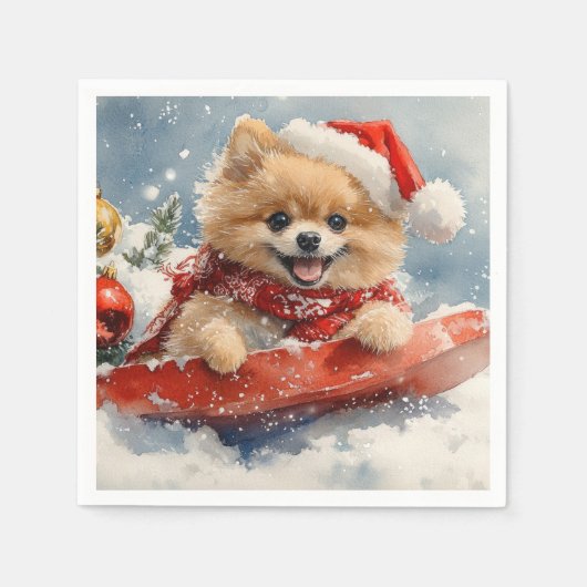 Spitz Hund in Sledge Lass es Schnee Weihnachten Serviette (Vorderseite)