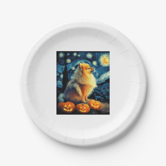 Spitz Hund liebt Malen von van Gogh Stars Pappteller (Vorderseite)