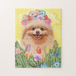 Spitz Hund mit Blume Frühjahr Puzzle