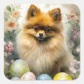 Spitz Hund mit Ostereiern Urlaub Quadratischer Aufkleber (Vorderseite)