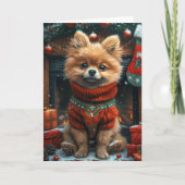 Spitz Hund mit Weihnachtsgeschenken Feuerplatz Karte (Vorderseite)