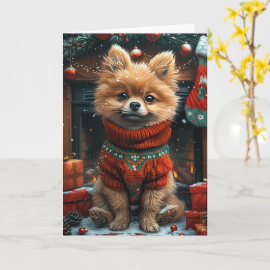 Spitz Hund mit Weihnachtsgeschenken Feuerplatz Karte (Gelbe Blume)