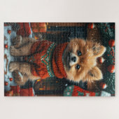 Spitz Hund mit Weihnachtsgeschenken Feuerplatz Puzzle (Horizontal)