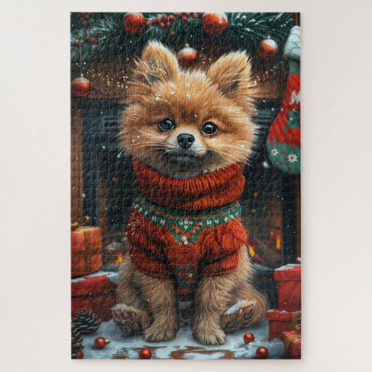 Spitz Hund mit Weihnachtsgeschenken Feuerplatz Puzzle (Vertikal)
