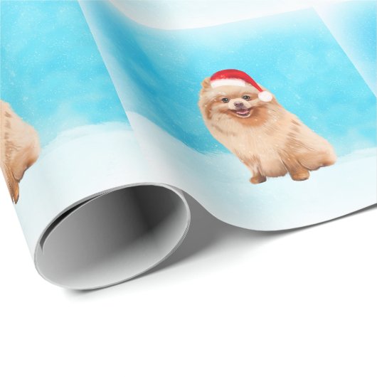 Spitz Hund sitzend am Weihnachtshut am Strand Geschenkpapier (Rolleneckpunkt)