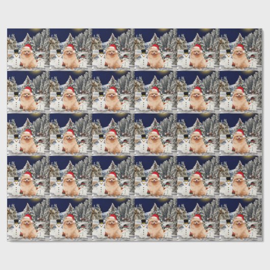 Spitz Hund sitzend am Weihnachtshut am Strand Geschenkpapier (Flach)