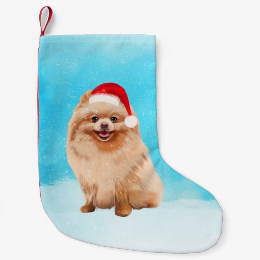 Spitz Hund sitzend am Weihnachtshut am Strand Kleiner Weihnachtsstrumpf (Vorderseite)