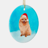 Spitz Hund sitzend im Schnee Weihnachtshut Keramik Ornament (Rechts)