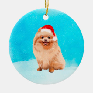Spitz Hund sitzend im Schnee Weihnachtshut Keramik Ornament