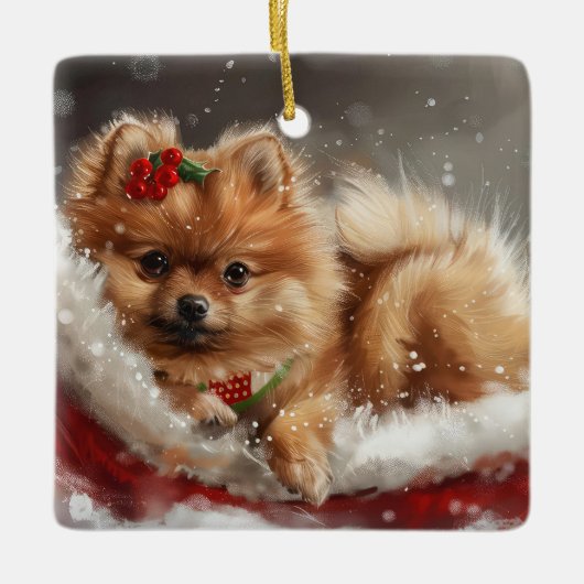 Spitz Hund Weihnachten Keramikornament (Vorderseite)