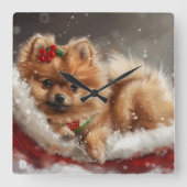 Spitz Hund Weihnachten Quadratische Wanduhr (Vorderseite)