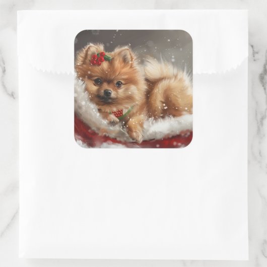Spitz Hund Weihnachten Quadratischer Aufkleber (Tasche)