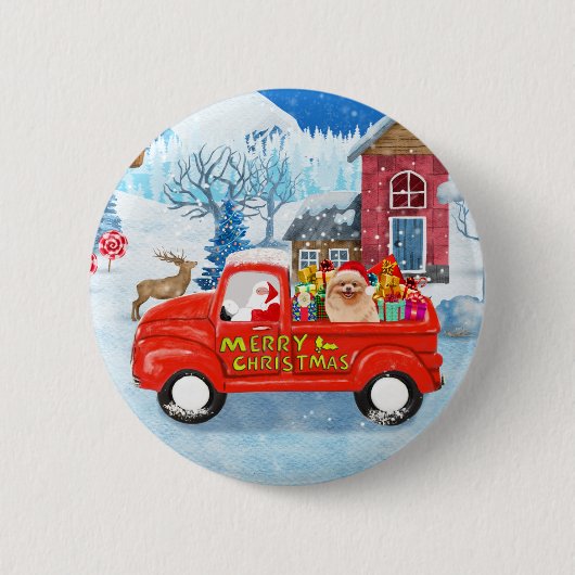 Spitz Hund Weihnachtslieferung LKW Schnee Button (Vorderseite)