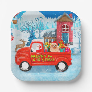 Spitz Hund Weihnachtslieferung LKW Schnee Pappteller