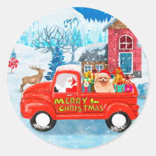 Spitz Hund Weihnachtslieferung LKW Schnee Runder Aufkleber