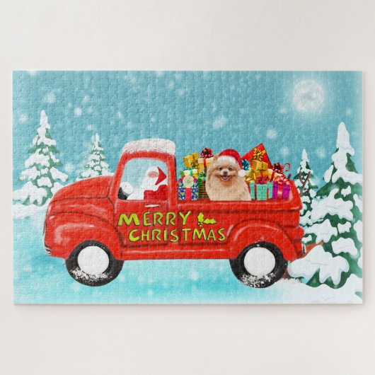 Spitz Hund Weihnachtsmann Lieferwagen Puzzle (Horizontal)