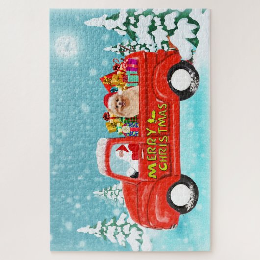 Spitz Hund Weihnachtsmann Lieferwagen Puzzle (Vertikal)