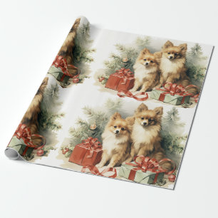 Spitz Hunde Weihnachtsbaum und Geschenke Geschenkpapier