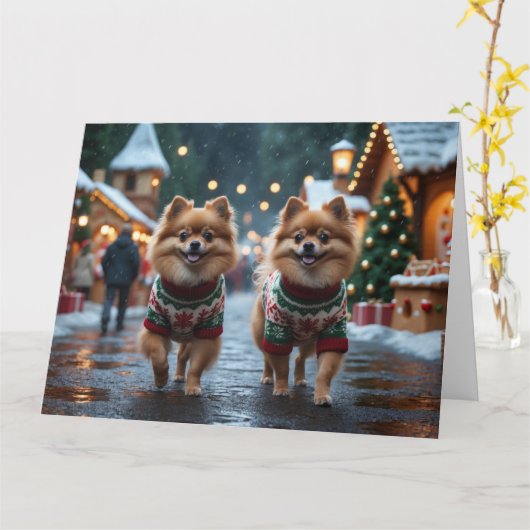 Spitz Hunde Weihnachtsschneeferien Karte (Gelbe Blume)