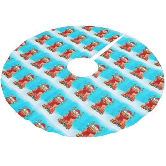 Spitz im Schnee mit Weihnachtsgeschenken Polyester Weihnachtsbaumdecke (Schrägansicht)