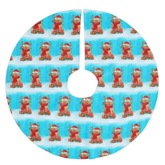 Spitz im Schnee mit Weihnachtsgeschenken Polyester Weihnachtsbaumdecke (Vorderseite)