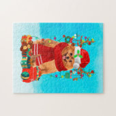 Spitz im Schnee mit Weihnachtsgeschenken Puzzle (Horizontal)