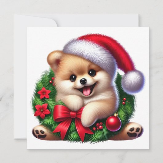 Spitz im Weihnachtskranz Feiertagskarte (Vorderseite)