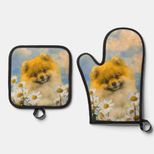 Spitz in Daisis Malerei von Original Hunde Kunst Ofenhandschuh & Topflappen-Set