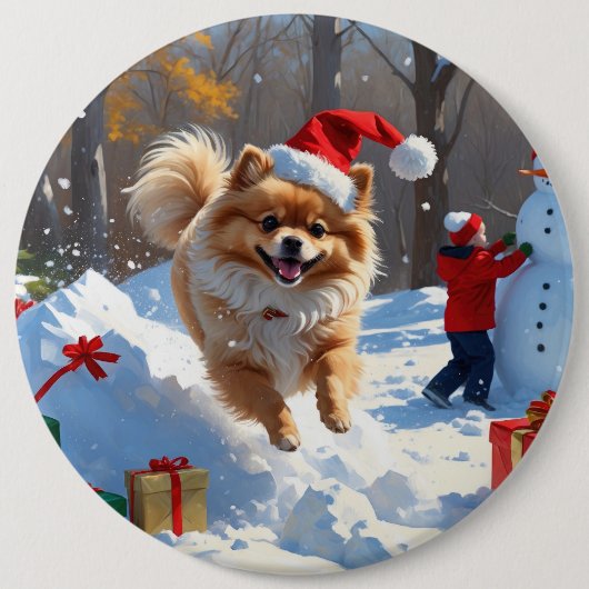 Spitz läuft im Schnee mit Weihnachtshut Button (Vorderseite)
