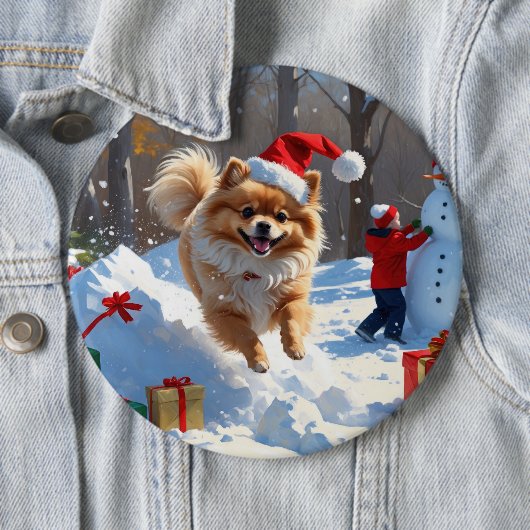 Spitz läuft im Schnee mit Weihnachtshut Button (Beispiel)