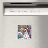 Spitz läuft im Schnee mit Weihnachtshut Magnet (In Situ (Geschirrspüler))