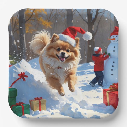 Spitz läuft im Schnee mit Weihnachtshut Pappteller (Vorderseite)