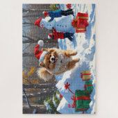 Spitz läuft im Schnee mit Weihnachtshut Puzzle (Vertikal)