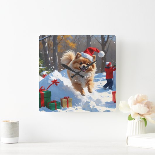 Spitz läuft im Schnee mit Weihnachtshut Quadratische Wanduhr (Zuhause)