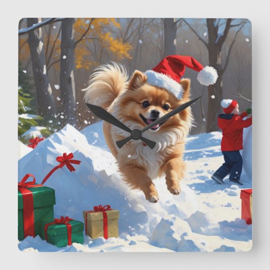 Spitz läuft im Schnee mit Weihnachtshut Quadratische Wanduhr (Vorderseite)