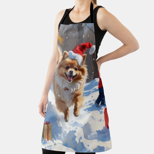 Spitz läuft im Schnee mit Weihnachtshut Schürze (InSitu)