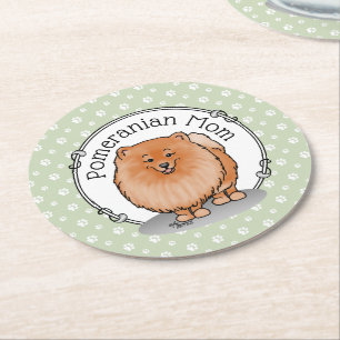 Spitz Mama Pom Mama (orange rot) Niedliche Hunde M Runder Pappuntersetzer