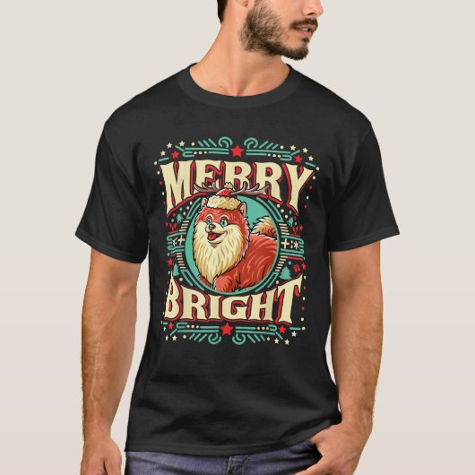 Spitz Merry Bright Weihnachts Weihnachtsmann Hund T-Shirt (Vorderseite)