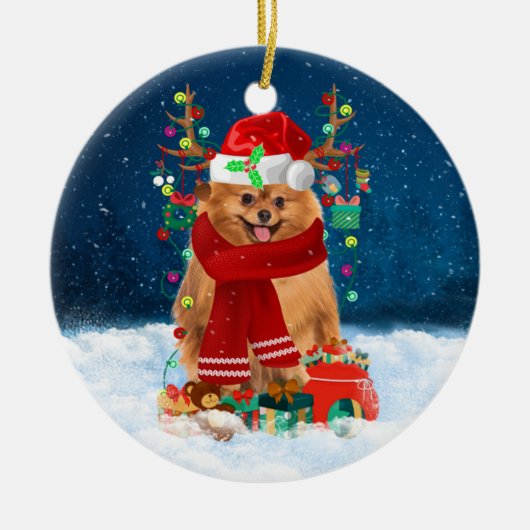Spitz mit Weihnachtsgeschenke Keramik Ornament (Vorne)