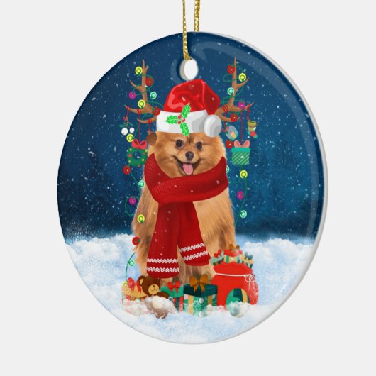 Spitz mit Weihnachtsgeschenke Keramik Ornament (Links)