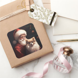 Spitz mit Weihnachtsmann Weihnachten Quadratischer Aufkleber