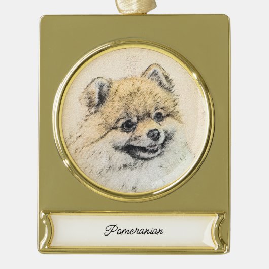 Spitz (Orange) Malerei - Original Dog Art Go Banner-Ornament Gold (Vorderseite)