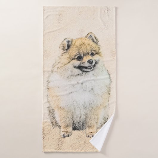 Spitz (Orange) Malerei - Originale Hundekunst Badhandtuch Set (Badehandtuch)