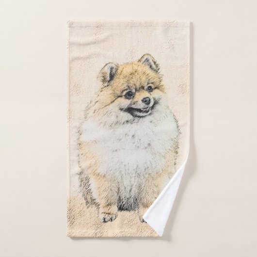 Spitz (Orange) Malerei - Originale Hundekunst Badhandtuch Set (Handtuch)