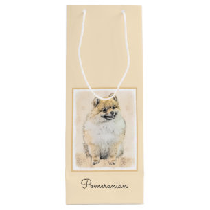 Spitz (Orange) Malerei - Originale Hundekunst Geschenktüte Für Weinflaschen