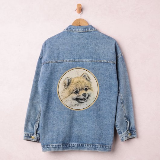 Spitz (Orange) Malerei - Originale Hundekunst Jeansjacke (Hangar)