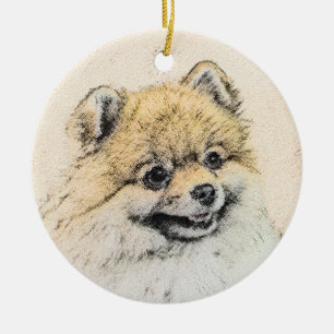 Spitz (Orange) Malerei - Originale Hundekunst Keramik Ornament