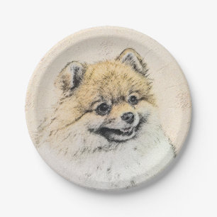 Spitz (Orange) Malerei - Originale Hundekunst Pappteller