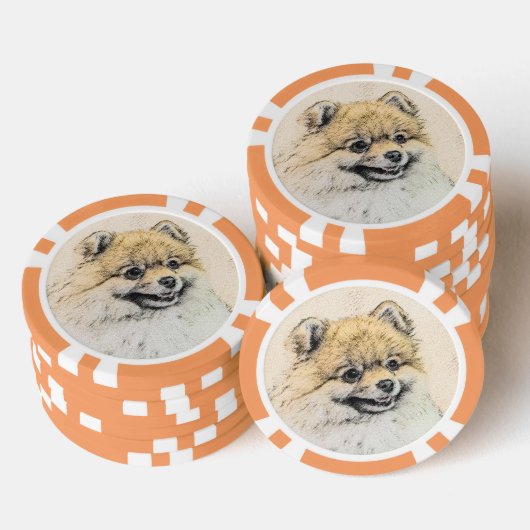 Spitz (Orange) Malerei - Originale Hundekunst Pokerchips (Stapel)