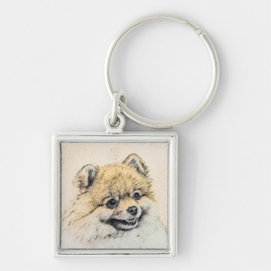 Spitz (Orange) Malerei - Originale Hundekunst Schlüsselanhänger (Vorne)